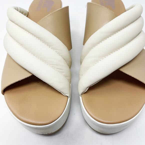 Sorel Womens 9.5 Chalk Honest Beige Cameron Flatform Puff Mule Sandal Leather - Picture 8 of 15